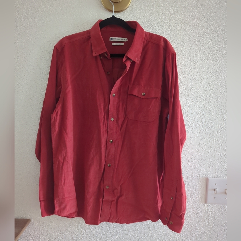 Southern Proper Canton Corduroy Long Sleeve Button Down Shirt Brick Orange L
